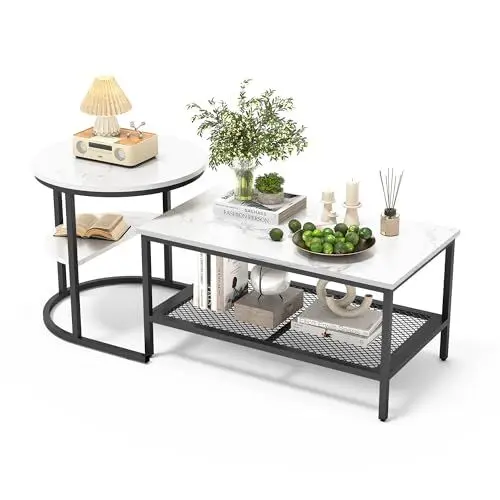 Produktbild: 2in1 Couchtisch Rund 2er Set,Kunstmarmor Couchtisch mit Schwarz Metallgestell, Beistelltisch Rund, Wohnzimmertisch Modern, Satztische fürs Wohnzimmer Schlafzimmer