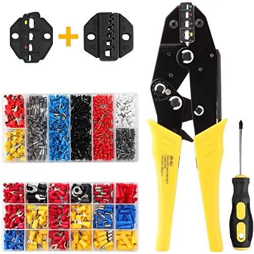 Produktbild: Aweohtle 2 in 1 Crimpzange mit 2 Ersatzköpfen, Multifunktionszange mit 370 Kabelschuhen und 800 isolierten Crimpkabelschuhen