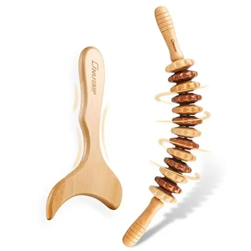 Produktbild: 2-in-1 Holz Therapie Massage Tools Set Holz Maderoterapia Kit oder Lymphdrainage Massageroller Kits für Muskelentspannung, Körperformung, Gua Sha Massage, Anti Cellulite, Buche