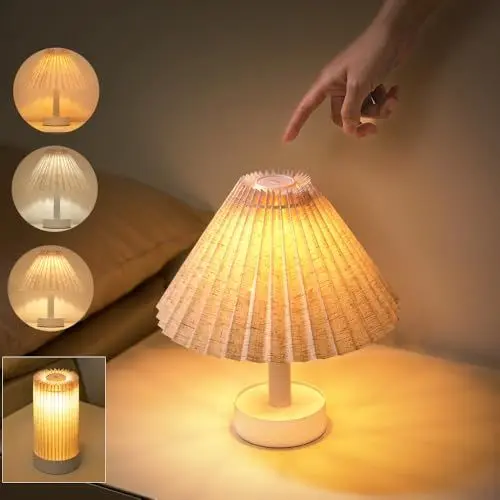 Produktbild: 2-in-1 LED Tischlampe Kabellos Akku Nachttischlampe, USB Aufladbar Klein Tischleuchte mit Stoff Plissee Lampen-schirm, Modern Dimmbar Tisch Leuchte für Schreibtisch Nachttisch Schlafzimmer Wohnzimmer