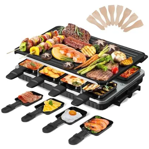 Produktbild: 2-in-1 Raclette Grill 8 Personen Elektrisch Tischgrill Antihaftbeschichtet Wende-Grillplatte Elektrogrill Rauchfreier Raclette mit 8 Mini Raclette Pfännchen & 8 Schaber Spülmaschinenfest 1300W