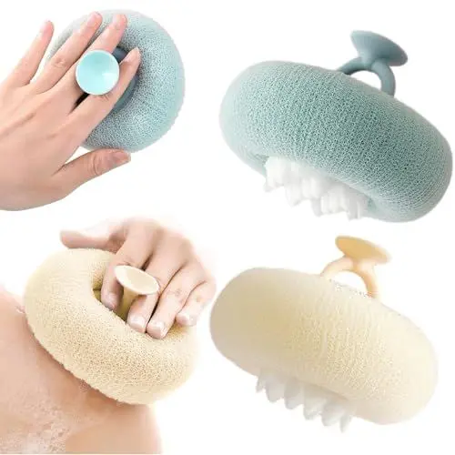 Produktbild: 2-in-1 Superweicher Sonnenblumen Badeball mit Saugnapf Exfoliating Duschschwamm Brush Schwamm Mesh Pouf Duschball Geeignet zum Täglichen Duschen für Männer und Frauen(Beige+Blau)