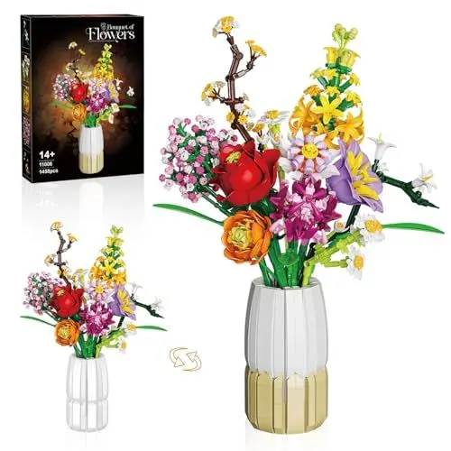 Produktbild: 2-in-1 Vase Blumenstrauß Bauset, Kunstblumen-Strauß-Sets für Erwachsene und Frauen, kompatibel mit der Lego Flowers Bouquet Botanicals Collection, 1458 Teile