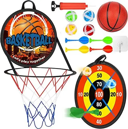 Produktbild: 2-in-1-Basketballkorb für Kinder, Darts für Kinder, Faltbares Sportspielzeug für Den Außenbereich, Mit Lustigem Basketball Spielzeug, Weichem Ball, Pumpe, Klebrigen Bällen und Darts (2-in-1)