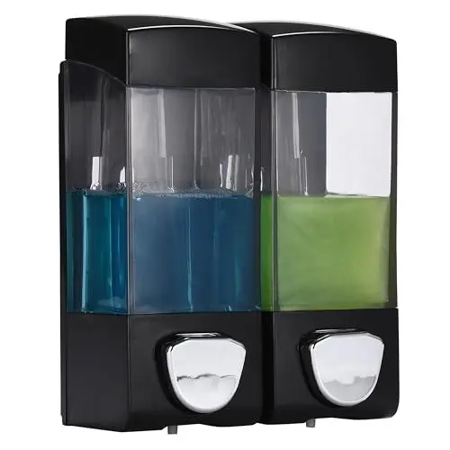 Produktbild: 2LB Depot Wandmontierter Shampoo- und Conditioner-Spender - 2 Chambers, je 350 ml, Nachfüllbare Lotionflaschen, Manuell, Einfache Klebeinstallation, Ideal für Dusche, Badezimmer, Industrie - Schwarz