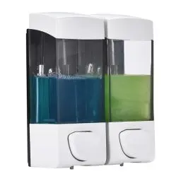 Produktbild: 2LB Depot Wandmontierter Shampoo- und Conditioner-Spender - 2 Chambers, je 350 ml, Nachfüllbare Lotionflaschen, Manuell, Einfache Klebeinstallation, Ideal für Dusche, Badezimmer, Industrie - Weiß