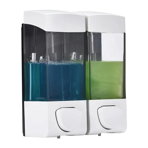 Produktbild: 2LB Depot Wandmontierter Shampoo- und Conditioner-Spender - 2 Chambers, je 350 ml, Nachfüllbare Lotionflaschen, Manuell, Einfache Klebeinstallation, Ideal für Dusche, Badezimmer, Industrie - Weiß