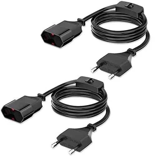 Produktbild: 2M Euro Netzkabel Stromkabel mit Schalter, (2 Stück)Netzkabel mit Flachem Eurostecker Anschlusskabel, Verlängerungskabel für Typ-C-Eurostecker auf Typ-C Eurobuchse, 0,75mm² für TV PC Computer Monitor
