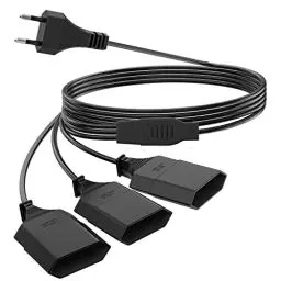 Produktbild: 2M Stromkabel Verlängerung Netzkabel, 3-in-1 Verlängerungskabel Typ-C-Stecker Eurostecker auf Verdreifachen Typ-C Euro Buchse, 0,75 mm² Max. 2,5A/250V für TV PC Computer Monitor Beamer Lampe, Schwarz