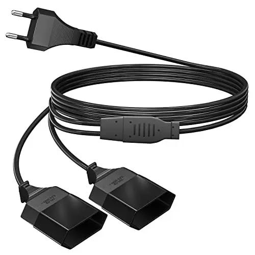 Produktbild: 2m Stromkabel Verlängerung, Netzkabel Verlängerungskabel, 0.75 mm² 2 m Lange Stromkabel Typ-C Euro Stecker auf Doppel Typ-C Euro Buchse, Max. 250 V / 2,5A, 625W für TV PC Monitor Lampen - Schwarz