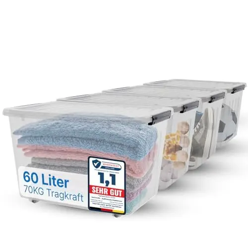 Produktbild: 2mGoods - 4er Set 60L robuste Aufbewahrungsboxen mit Deckel L55xB40xH35 cm inkl. Rollen, große Plastikboxen, stapelbar, BPA-frei, transparente Kunststoffboxen für Keller, Wohnung, Werkstatt & Umzug