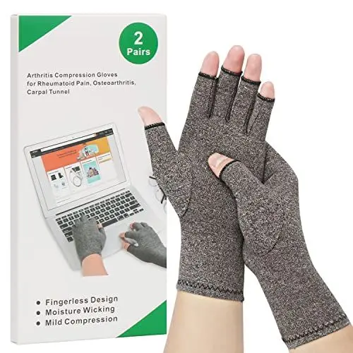 Produktbild: 2-Paar Arthritis-Kompressionshandschuhe zur Linderung von rheumatoider Osteoarthritis, Muskelverspannungen lindern, fingerlos, atmungsaktiv & feuchtigkeitsregulierend, Frauen und Männer (Grau, L)