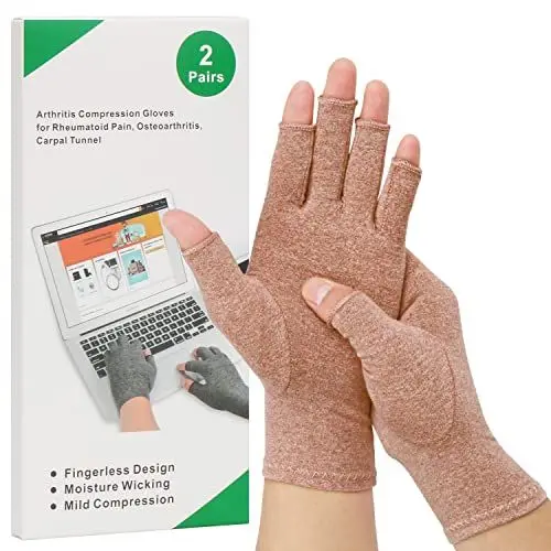 Produktbild: 2-Paar Arthritis-Kompressionshandschuhe zur Linderung von rheumatoider Osteoarthritis, Muskelverspannungen lindern, fingerlos, atmungsaktiv & feuchtigkeitsregulierend, Frauen und Männer (Kaffee, S)