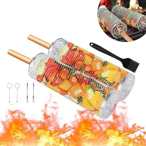 Produktbild: 2PCS Rolling Grill Körbe, Rolling BBQ Korb mit Griff BBQ Grill Korb für Outdoor Camping BBQ Grill Grill Edelstahl Zubehör