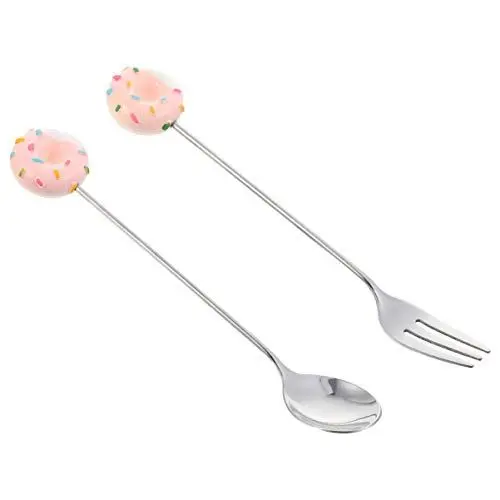 Produktbild: BESTonZON 2Pcs Edelstahl Besteck Set Donut Löffel Und Gabeln Set Salat Löffel Dessert Teelöffel mit Donut Griff- Basketball- Schuhe für Kuchen Kaffee T Salz Rosa