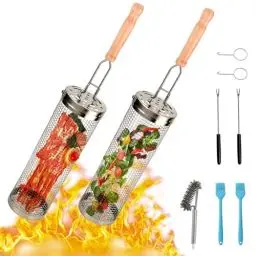 Produktbild: 2Pcs Grillkorb Edelstahl mit Abnehmbarem Holzgriff, Zylindrischer Rund Grillkorb für Camping, Rolling Grillkorb mit Gabel, Grillzubehör für Gemüse Pommes Frites Fleisch (30CM)