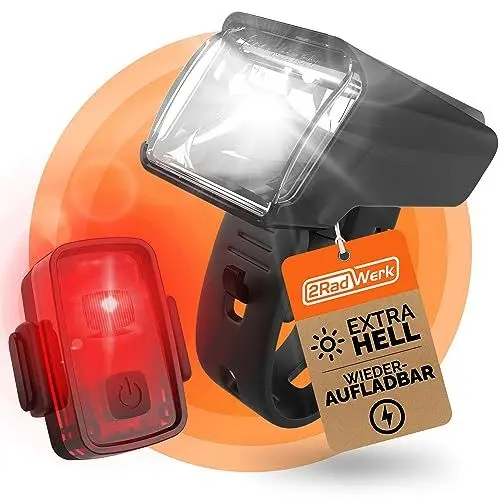 Produktbild: 2RadWerk, ED Fahrradleuchtenset, StVZO zugelassen, Fahrradbeleuchtung umschaltbar 15-35 Lux, Bike Light, Schwarz