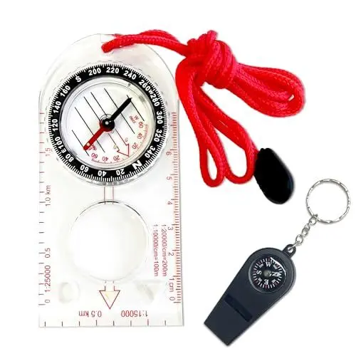 Produktbild: 2-teiliger Kompass, multifunktionaler, wasserdichter Navigationskompass, Wanderkompass mit einstellbarer Deklination, Orientierungskompass mit Pfeife für Expeditionskarten, Navigation