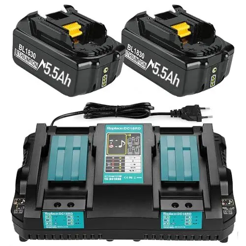 Produktbild: 2X 18V 5,5Ah Ersatzakku + 6A DC18RD Dual Port Ladegerät für Makita 14.4V-18V BL1830 BL1850 BL1860 BL1840 etc Werkzeugakku und DC18RD DC18RC DC18SF DC18RA DC18RF Ladegerät