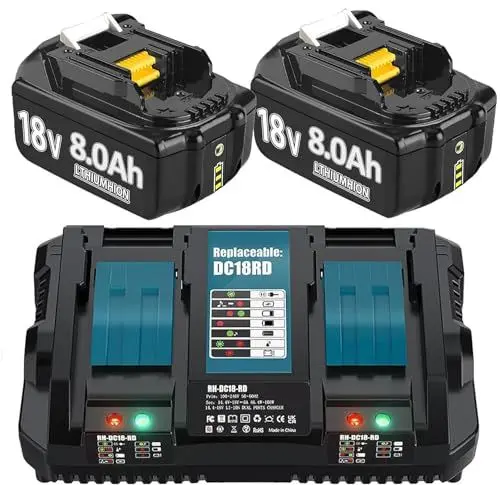 Produktbild: Hohe Kapazität 18V 8.0Ah/8000mAh Verbesserte 2X Ersatzakku für Makita + Dual Port 6A Ladegerät für DC18RD Kompatibel für BL1860B BL1860 BL1850B BL1840B BL1830 with LED Werkzeugakku.