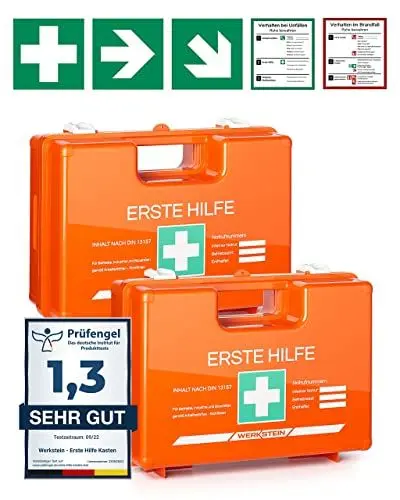 Produktbild: 2x Erste Hilfe Kasten mit Inhalt nach neuer DIN 13157:2021 I Verbandskasten inkl. praktischer Wandhalterung, 5x Aufkleber & Plombe I Erste Hilfe Koffer für Betriebe, Einrichtungen & Zuhause