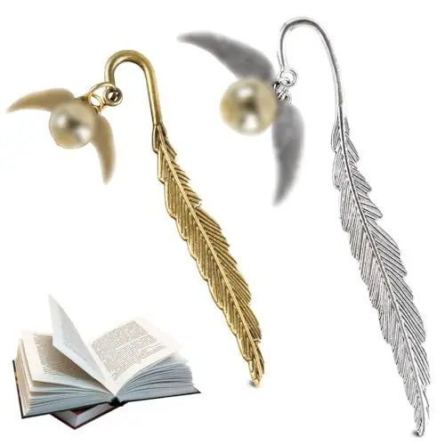 Produktbild: 2x Metall Lesezeichen mit Gold look - Feder, Lesezeichen Schneider für Leseratten, Frauen, Mädchen und Kinder