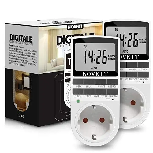 Produktbild: 2x NOVKIT digitale Zeitschaltuhr Steckdose mit 10 konfigurierbaren wöchentlichen Programme und einbruchsicheren Zufallsfunktion für Innen (230V / 16A / 3680W)