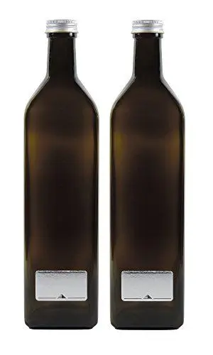 Produktbild: 2x grün-braune Glasflasche 1000ml, Ölflasche inkl. 2 Beschriftungsetiketten