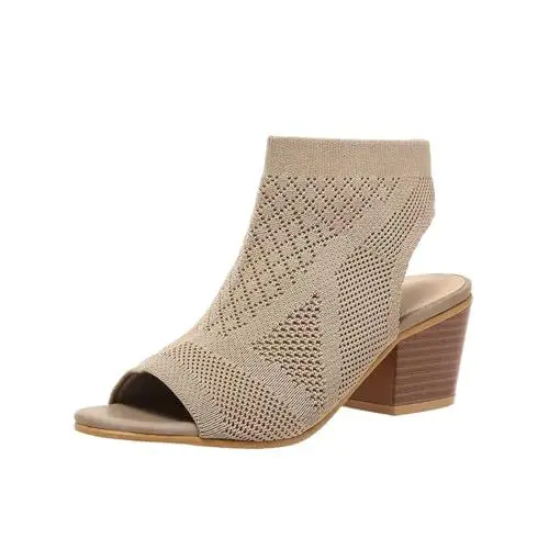 Produktbild: 2-Zoll-Absätze 2024 Sommer Women Chunky Heeled Sandal Shoes Knitting Peep Toe Slip On Slingback Sandal Low Heels Fashion Fabric Shoe Journey E-36 Khaki 8