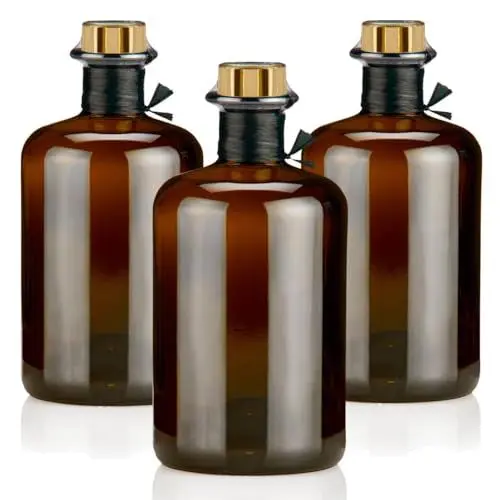 Produktbild: 3 Apothekerflaschen braun 500ml leer schwarz antik Profiset Korken gold, Flaschenkapseln & Geschenkband, Braunglas Flaschen 0,5L für Öl, Gin, Kräuter Schnaps uvm.