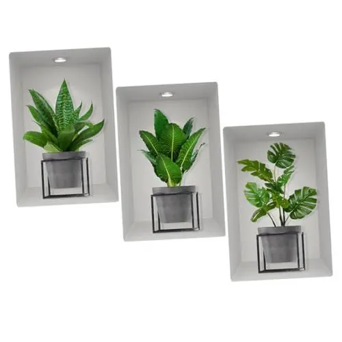 Produktbild: UKCOCO 3 Blätter Grüne Pflanze Topfwandaufkleber Bonsai-Wandaufkleber Wandtattoos mit 3D-Kunstpflanzen wandsticker schlafzimmer wandtattoos für schlafzimmer abnehmbar schmücken Kaktus PVC
