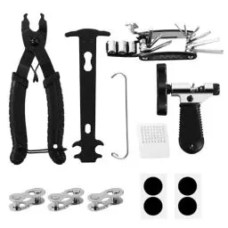 Produktbild: 3 Fahrradkette Werkzeug(Kettennieter Fahrrad, Kettenzange, Kettenlehre), 3 Paar Kettenschloss Zange(6-8,9-10,11-12 Gang), 16 in 1 Fahrrad Multitool, 1 Box mit Fahrradreifenflicken, Fahrrad Werkzeugset