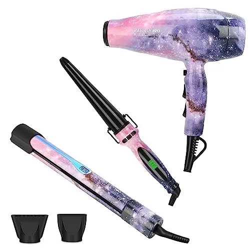 Produktbild: 3 IN 1, Föhn + Glätteisen + Lockenstab, PARWIN PRO BEAUTY Styling Set, Ionen Haartrockner, Glätteisen Locken und Glätten, Lockenstab Konisch, Geschenkset Frauen, Galaxie-Sternmuster