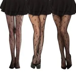 Produktbild: Halloween Netzstrümpfe 3 Paar Netzstrumpfhose Schwarz Halloween Herzen Sterne Mond und Kreuzmuster Strumpfhose Netzstrumpfhosen,Halloween Kostüm Accessoires Tag Der Toten Festival Karneval Strümpfe