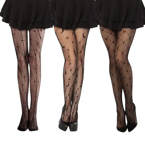 Produktbild: 3 Paar Halloween Netzstrumpfhose Schwarz Halloween Strumpfhose Damen Muster Fishnet Stockings Fischnetz Strumpfhose Women Nylon Tights Pattern Elastic High Waist for Halloween Kostüm Accessoires