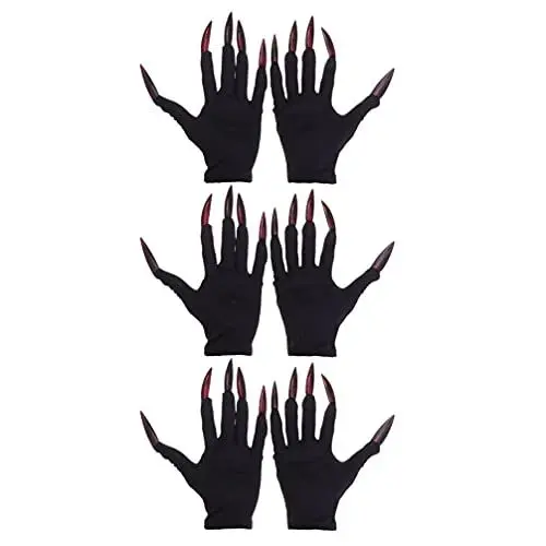 Produktbild: PRETYZOOM 3 Paare Rote Geisternägel Halloween Schwarze Handschuhe Gruselige Krallenhandschuhe Gruselige Handschuhe Abschlussball- Handschuhe Für Katzenpfoten Reinigen Nagel Die