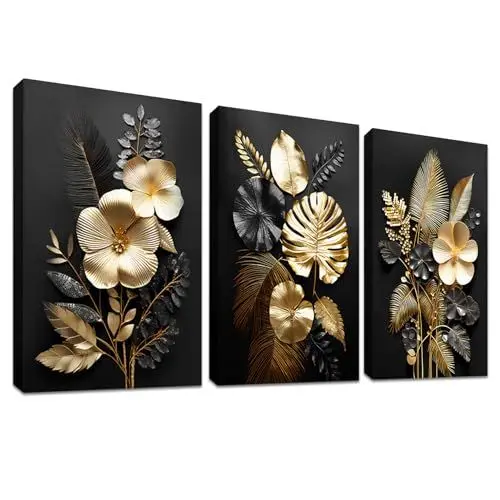 Produktbild: 3 Panels 3D Schwarz Gold Blumen Mit Rahmen Leinwand Bilder Monstera Kokosnuss Blätter Bild auf Leinwand Malerei Poster Wandbilder Wohnzimmer Schlafzimmer Badezimmer Wanddeko 150x70cm (20