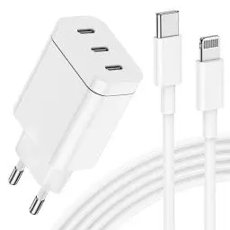 Produktbild: 3 Port USB C Schnellladegerät,<strong>Apple MFi Zertifiziert:</strong>  24W Ladegerät, Netzteil Stecker Power Adapter mit Lightning Ladekabel 2M Kompatibel mit iPhone 14 Pro Max/13/12/11/AirPods