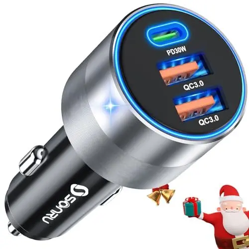 Produktbild: 3 Port Zigarettenanzünder USB C Adapter, SONRU 66W Kfz Ladegerät (PD30W+ Dual QC 3.0) Schnellladung Auto Ladegerät Mini Metall Auto Zubehör Kompatibel mit iPhone, iPad, Samsung, Google Pixel