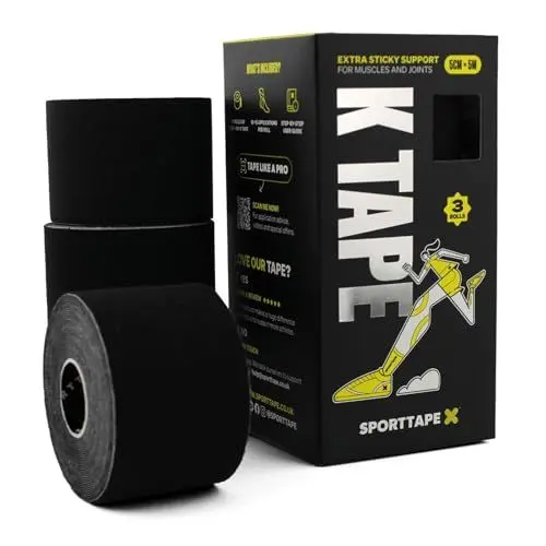 Produktbild: 3 Rollen SPORTTAPE Kinesiologie Tape - Schwarz | Physio Tape und tape sport bei verletzungen und schmerzen | Elastisches und hypoallergen muskel tape | kinesiotapes wasserfest | 5 m Rolle Kinesiotape