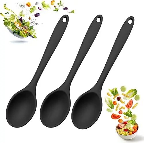 Produktbild: 3 Servierlöffel Silikon, Kochlöffel Antihaft, Beständig bis 480℉, Pfannenwender für Kochen, Backen, Rühren (Schwarz)