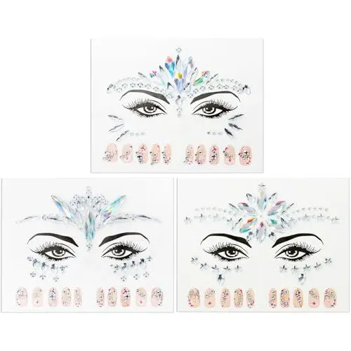 Produktbild: 3 Set Glitzersteine Gesicht mit 30 Stück Strasssteine für Nagel, Selbstklebend Glitzer Edelsteine Aufkleber Kostüm Temporäre Tattoo Juwelen Kristall für Karneval Party Halloween Make-up (Weiß)