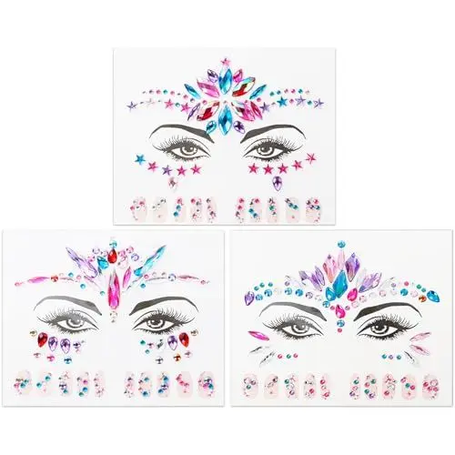Produktbild: 3 Set Glitzersteine Gesicht mit 30 Stück Strasssteine für Nagel, Selbstklebend Glitzer Edelsteine Aufkleber Kostüm Temporäre Tattoo Juwelen Kristall für Karneval Party Halloween Make-up (Bunt)
