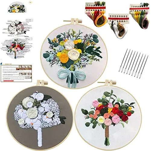 Produktbild: Smart-Feather 3 Sets Stickstich-Übungsset für Anfänger, grundlegende und fortgeschrittene Stickstiche, absolute Stickerei-Starter-Kits, Hand-Bastel-Set (Blume)