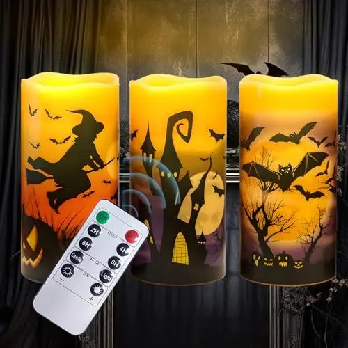 Produktbild: 3 StüCk Halloween Kerzen,Halloween Echtwachs Flammenlose Kerzen,Batteriebetriebene Led Stumpenkerzen,Halloween Deko Mit Ferngesteuertem Timer,Geeignet FüR Halloween Tischpartydekorationen Led Kerzen