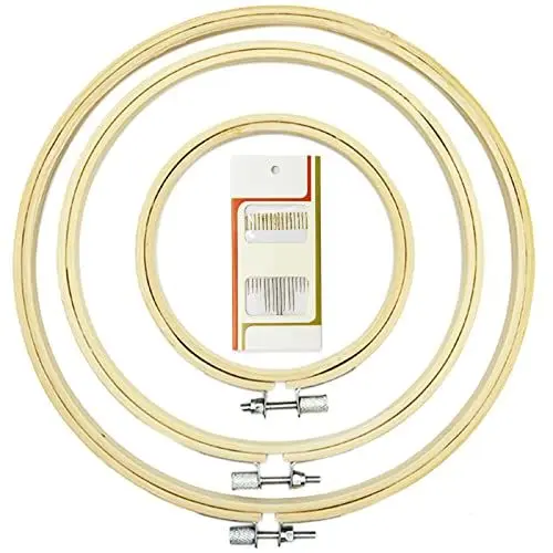 Produktbild: 3 Stück 3 Größen runder Bambus-Stickrahmen Kreis Kreuzstich Hoop Ring zum Basteln Nähen, mit Goldöhr-Sticknadeln, LAMXD Stickrahmen