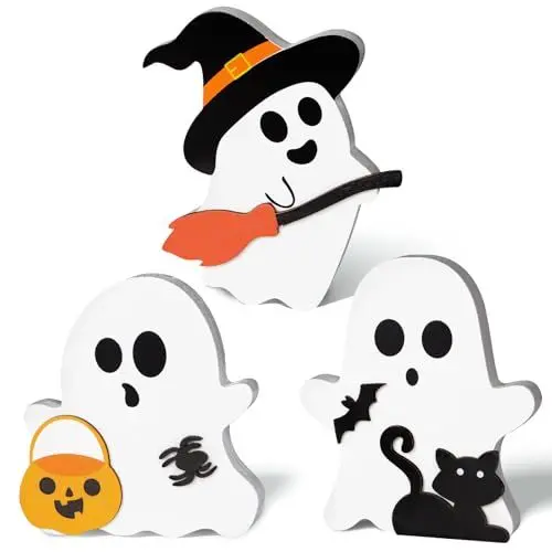 Produktbild: 3 Stück 3 Muster Halloween Ornamente Aufsteller Natur Holz kleinen Figuren Deko Kürbis Geist Katze zum Hinstellen Geschenk Tischdeko für Fasching Karneval Halloween Dekoration (3 verschiedene Geist)