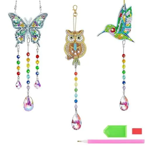 Produktbild: 3 Stück Diamond Painting Sonnenfänger Windspiel Bastelset Kinder Erwachsene DIY Schmetterling Vögel Eule 5D Diamant Malerei Anhänger Basteln Mädchen Geschenk Hängende Deko für Fenster Garten Zuhause