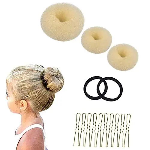 Produktbild: 3 Stück Donut Hair Bun Maker Set mit 2 elastischen Haarband, 10 U-Form Haarspange Haarnadel, Duttkissen, Dutt Maker für Kinder Mädchen Frauen (beige)