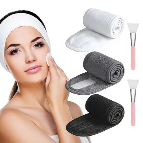 Produktbild: 3 Stück Haarband Kosmetik Stirnband Spa Haarband Kosmetik Haarband Frottee verstellbare Haarschutzband SPA Kosmetik Stirnband mit 2 Gesichtsmasken-Bürsten(as shown)